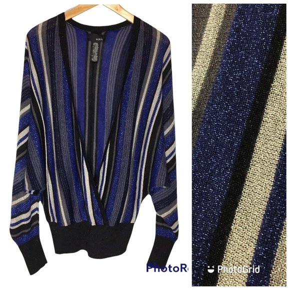 Vintage Sweaters - Vintage 90's Black Blue Silver Batwing Cross Over Sweater, Plunging V, Disco - L